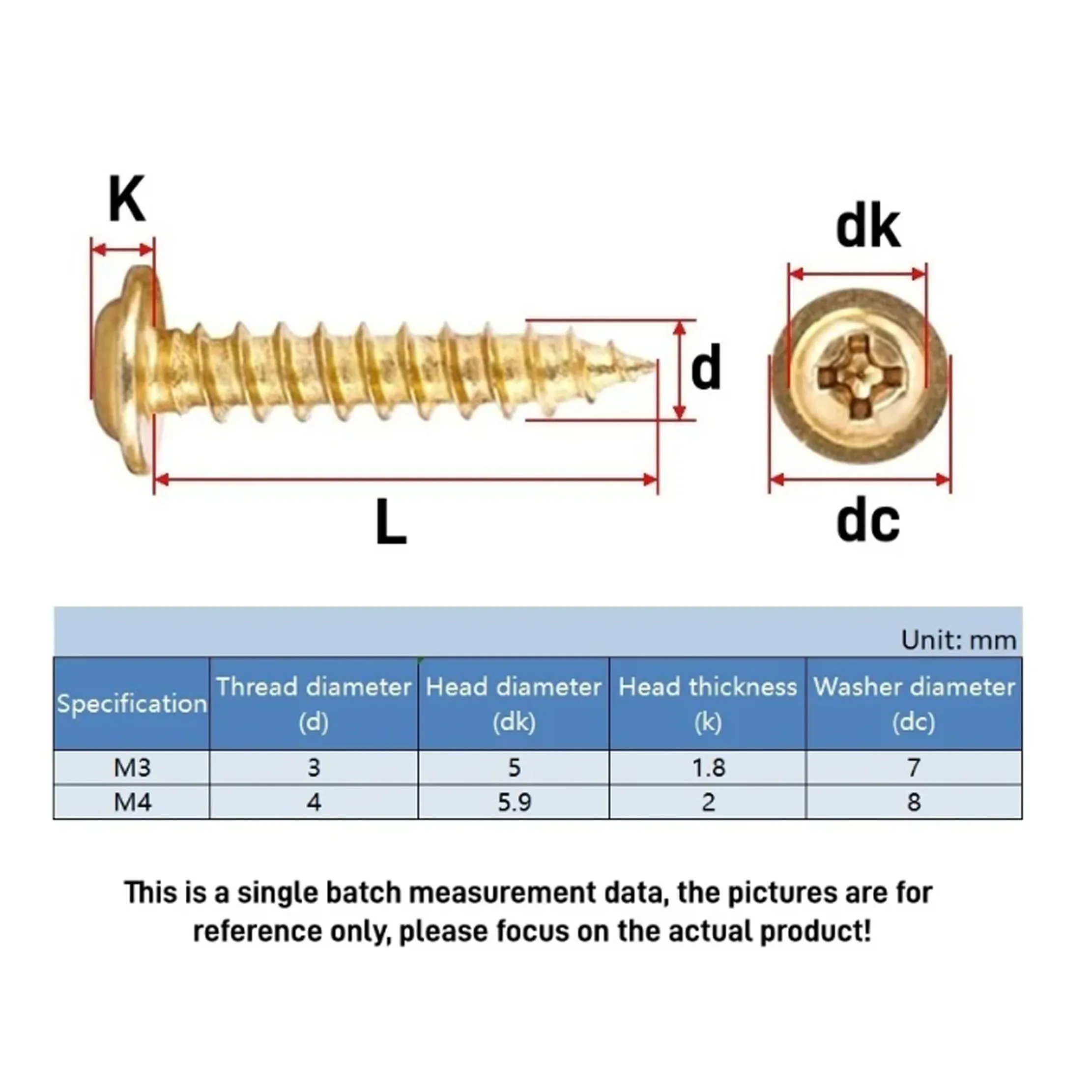 M3M4 Gold Carbon Steel 8.8 Grade Cross Phillips Round Head with Washer Self Tapping Screw Wood Screws