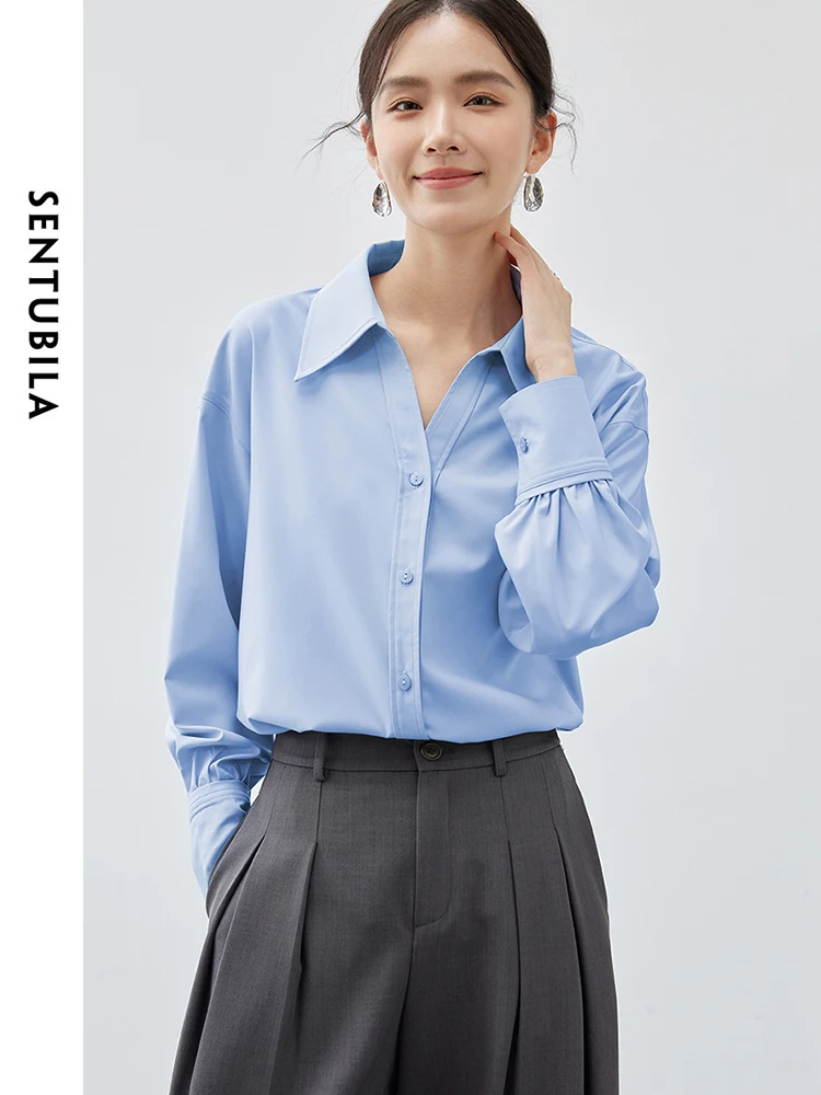 SENTUBILA Office Lady White Shirt for Women 2024 Autumn Straight V Neck Drop Sleeves Single-breasted Basic Blouse 143C55713