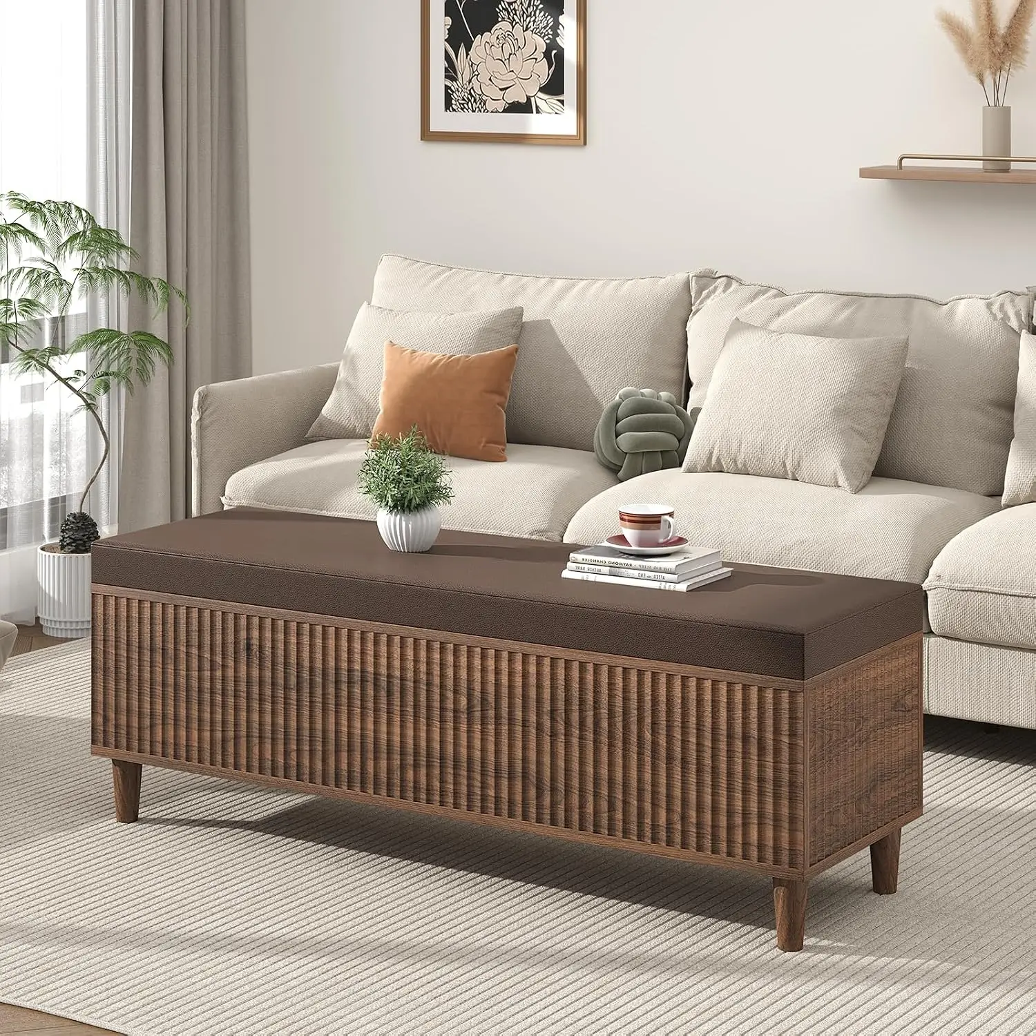 Faux Leather Storage Ottoman Bench, Upholstered End Of Bed Organizer Chest, Entryway Seating Trunk With Lift Top Lid, Mid-Century Fluted Accent Footrest Stool
