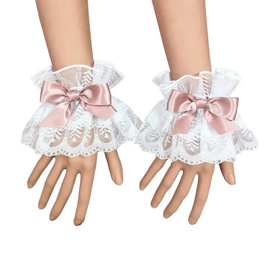 

1 Pair Lolita Lace Gloves White Bow Hand Sleeve Sexy Lace Elastic Bracelet Women Ruffled Floral Lace Wrist Cuffs