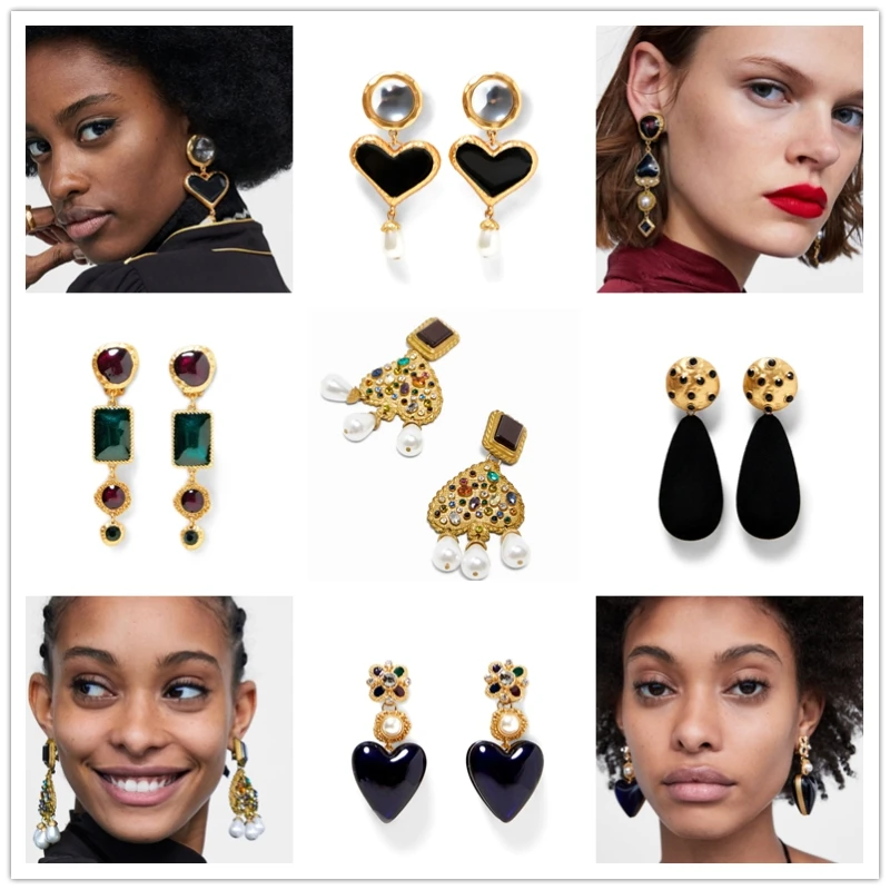 JURAN Ethnic Heart Crystal Hanging Statement Dangle Earrings Wedding Jewelry Vintage Big Black Boho Earrings for Women 2024