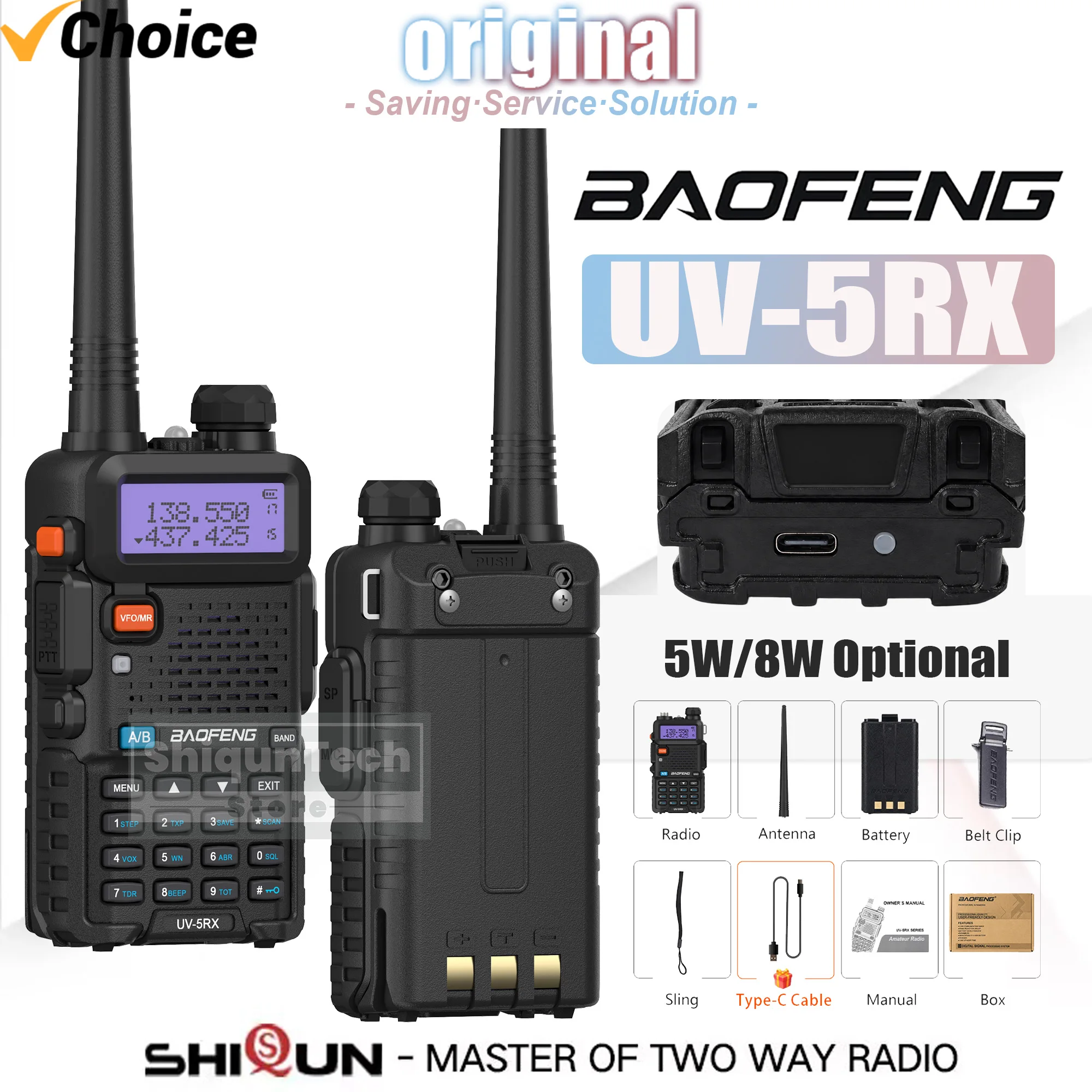 UV-5RX Baofeng Dual Band Two-Way Radio 8W/5W One Key Frequency Copy Multi-Band USB-C Charging AM FM DTMF Flashligh Walkie Talkie