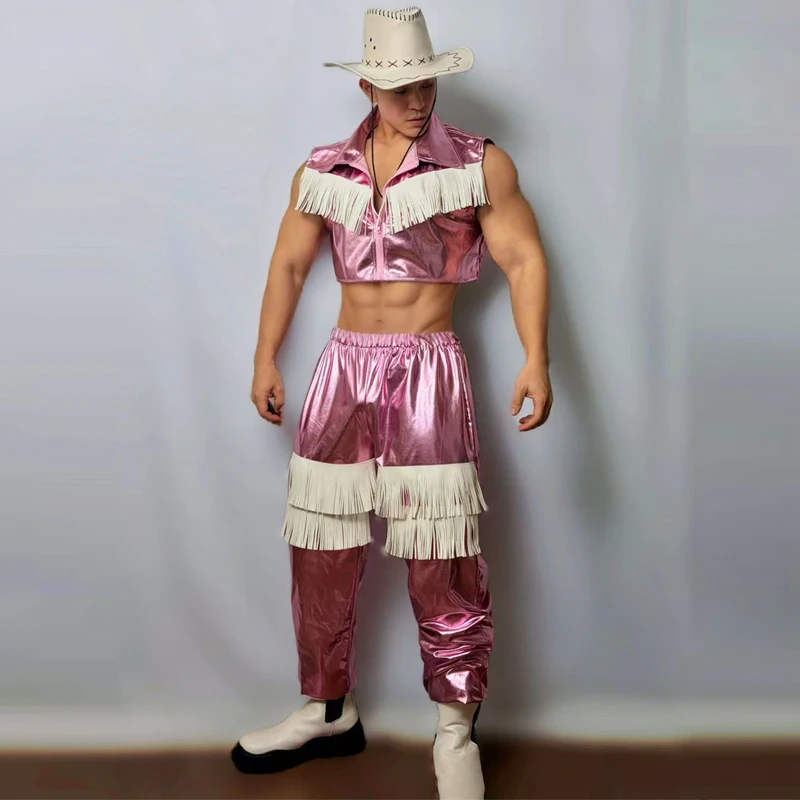 مثير القطب ملابس الرقص الرجال جوجو زي الوردي الليزر مهدب السراويل ملهى ليلي DJ ملابس للحفلات المرحلة الهذيان الزي XS10698 #3
