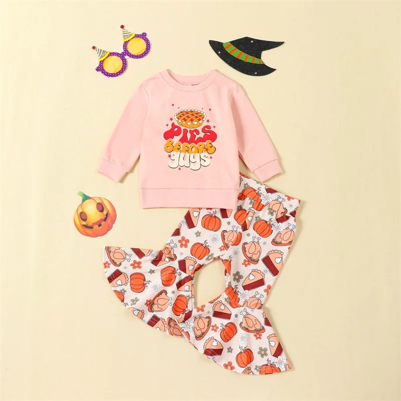 6M-5Y Toddler Girls Thanksgiving 2PCS Pants Sets Pink Long Sleeve Letter Print Sweatshirt Pumpkin Turkey Print Flared Pants Sets