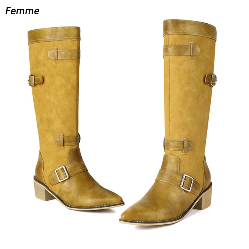 Women's Handmade Brown Knee-High Boots: Stylish Block Heel & Buckle Details, Perfect for Daily Wear & Autumn Fashion Size 35-47