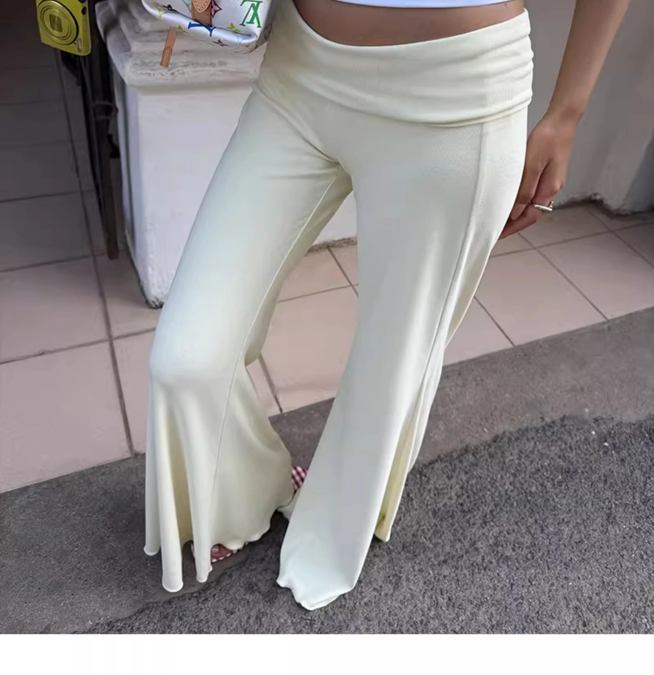 Women Fold Waist Cuff Flare Pants
