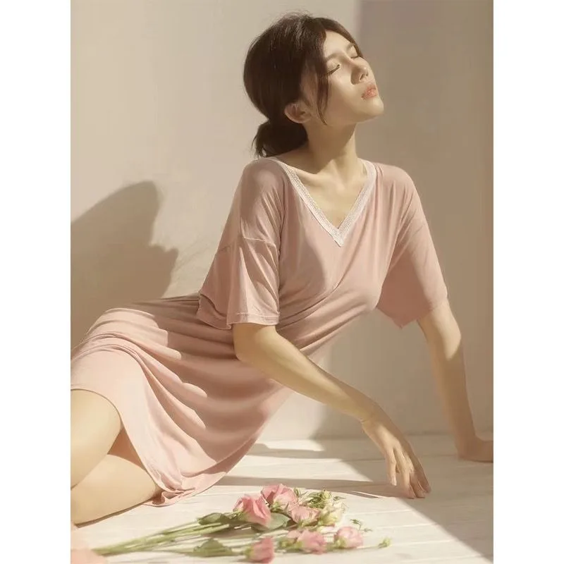 Cool Feeling Modal Pajamas Female Summertime  Can Be Worn Outside Loose Loungewear Short Sleeve Ice Silk Nightdress Loungewear