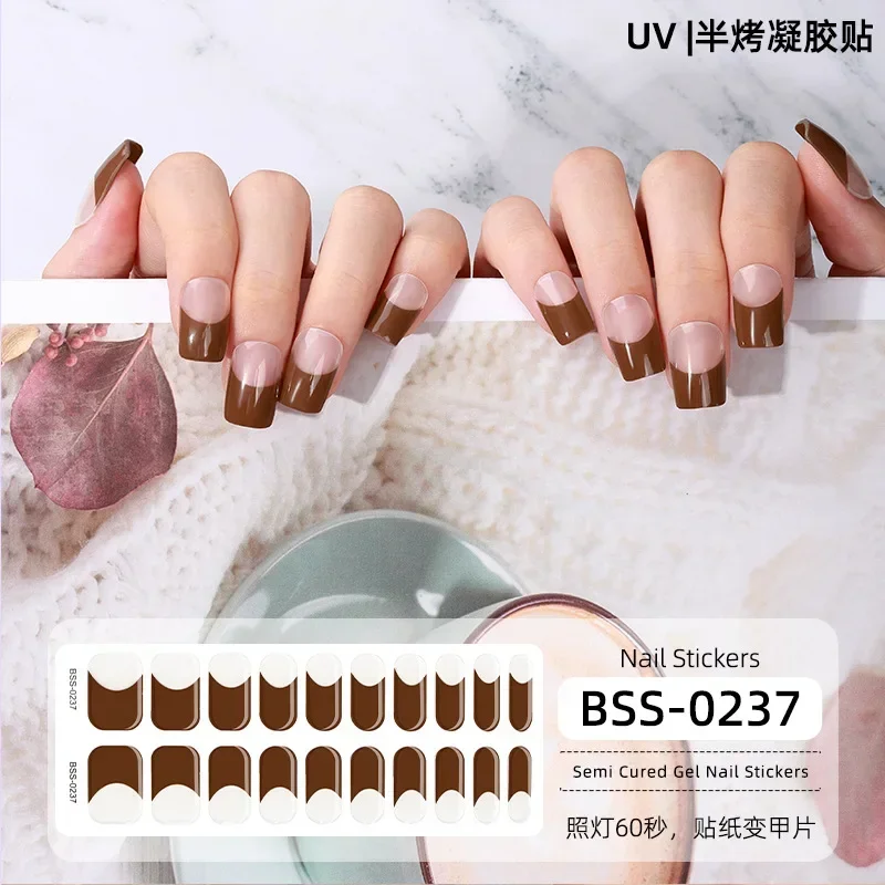 20 Strips Semi Cured Gel Nail Stickers Set for UV Lamp Full Cover French Colorful Manicure DIY Women Fashion Nail Art Decoration