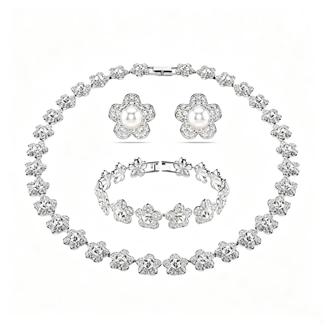 High-quality Classic Floral Zircon Necklace, Bracelet, and Stud Earrings Set, S925 Silver, Gift, Party, Couple, Anniversary