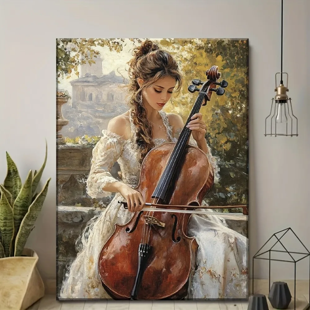 

An elegant cellist canvas art print-contemporary fashion themed oil painting, complete with pine frame -modern musician wall art