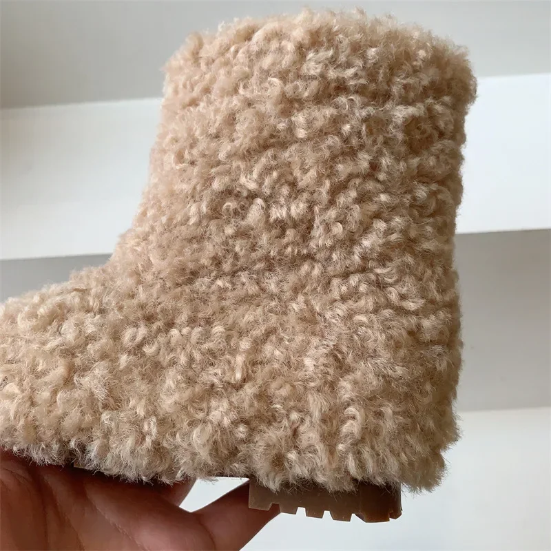 Kids Shoes for Girl Korean Style Girls Snow Boots 2023 Winter New Fashionable Lamb Wool Warm Mid Calf Boots Fluffy Girls Boots