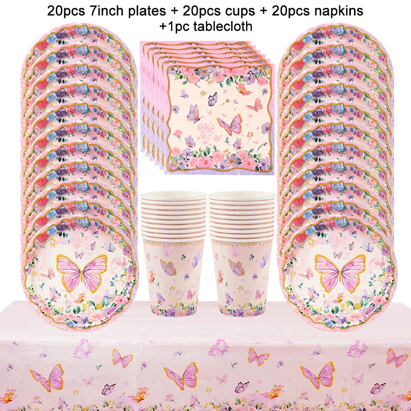 Borboleta Descartável Talheres Set para Meninas, Pratos De Papel, Copo, Toalha De Mesa, Decoração De Festa De Aniversário, Suprimentos De Chuveiro De Bebê