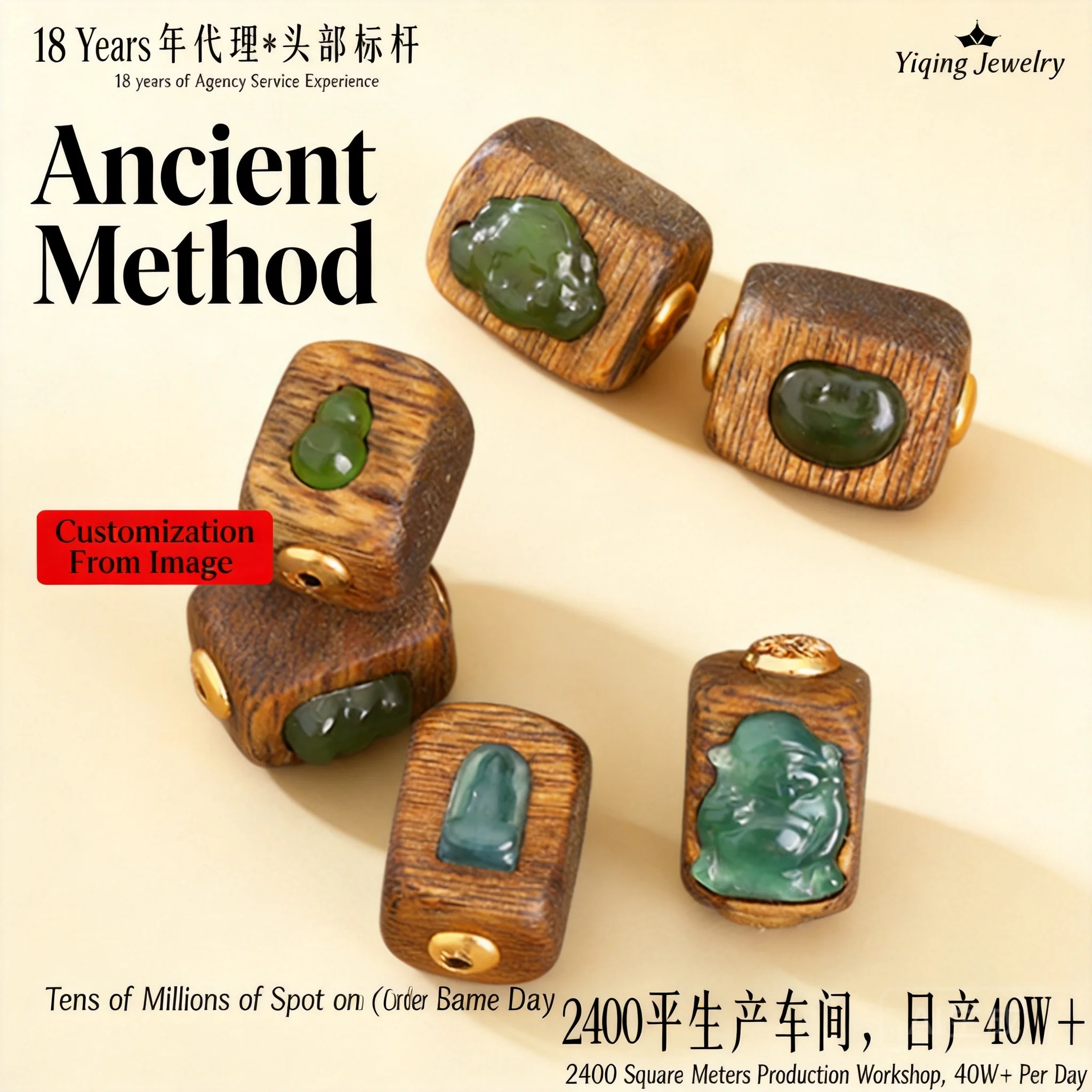 Chinese Style Lucky Fortune Blessing Qinan Agarwood Inlaid Jade 925 Sterling Silver Gold Plated Spacer Beads Buddha Gourd Ruyi
