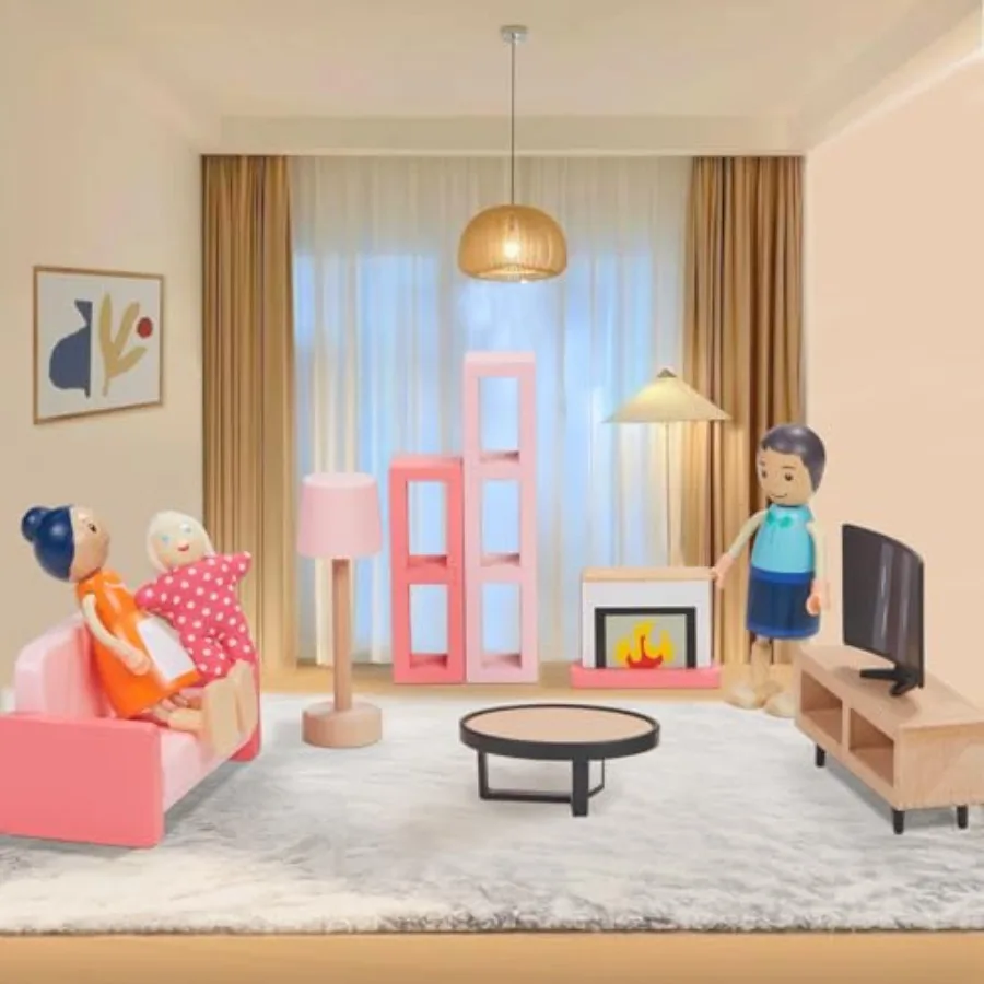 Różowy drewniany domek dla lalek z zestawem mebli dla dziewczynek, 36 elementów wyposażenia z 4 lajkami rodzinnymi.