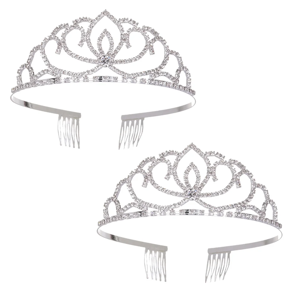 2Pcs Kids Crystal Tiara Elegant Lightweight Crown for Wedding Birthday Party Performance Accessories Kids Tiara