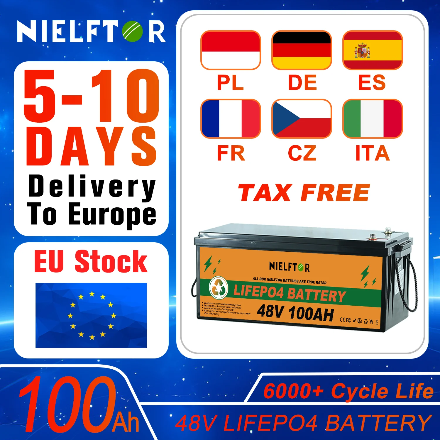 حزمة بطارية Llifepo4 48 فولت 100 أمبير في الساعة 51.2 فولت فوسفات حديد الليثيوم من الدرجة A + خلايا 6000 + دورات مدمجة BMS لمخزون الطاقة الشمسية PL EU #1