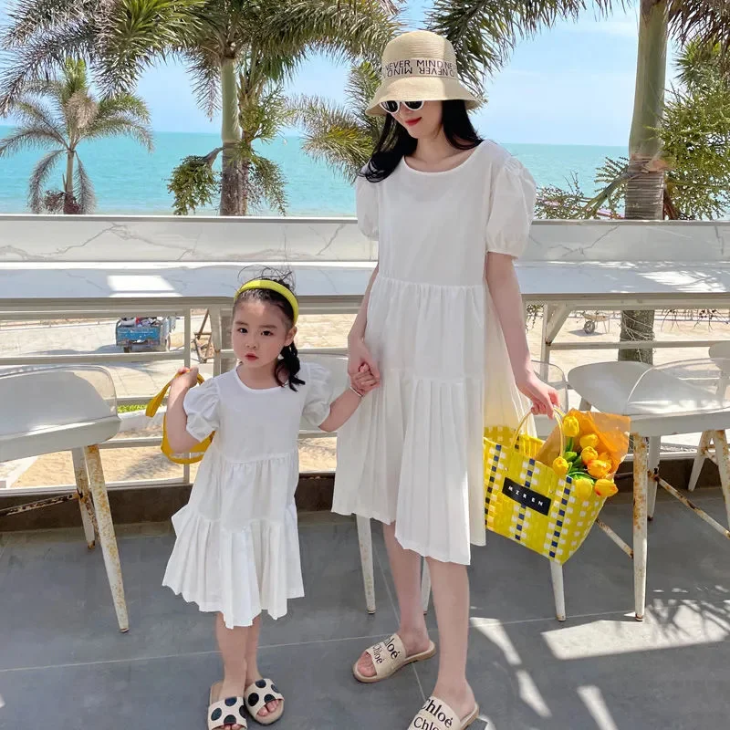 Mother and Daughter Dresses Summer New Family Matching Outfits Women Girls White Cotton Clothes Mommy Me Dress