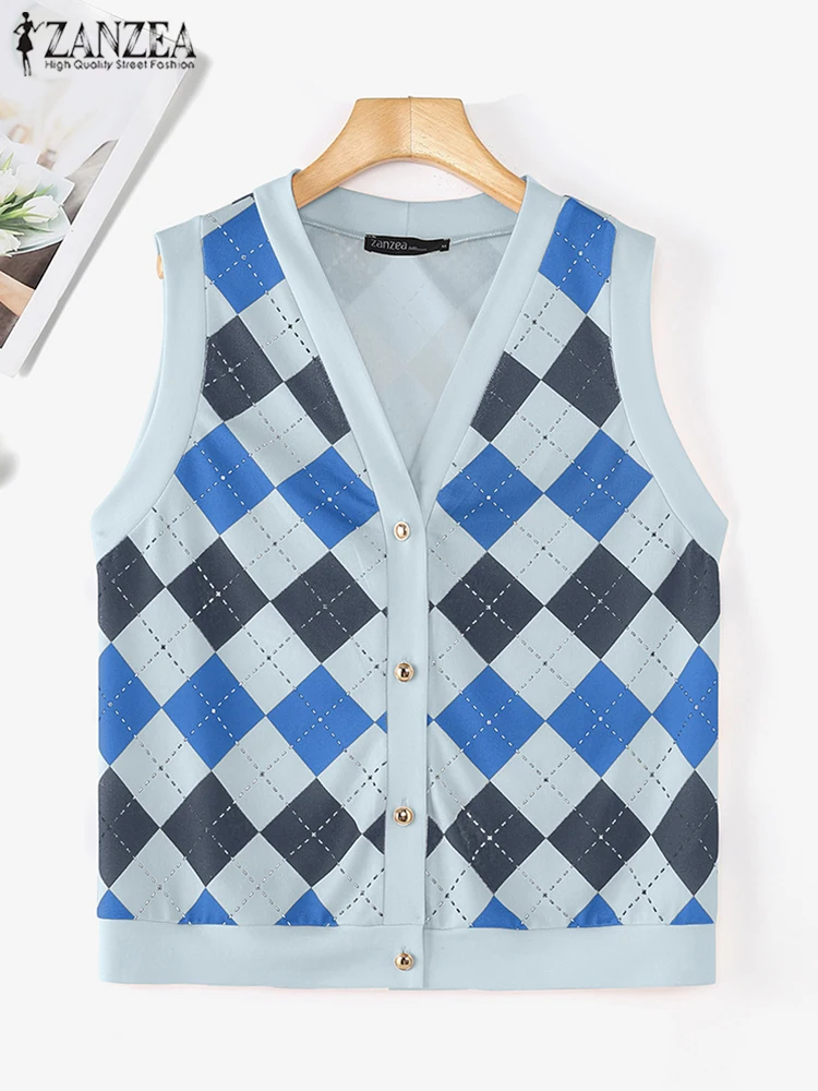 

2025 Spring Colorblock Open Up Retro Waistcoats ZANZEA Causal V-Neck Vests Women Sleeveless Coats Leisure Commuting Loose Tops