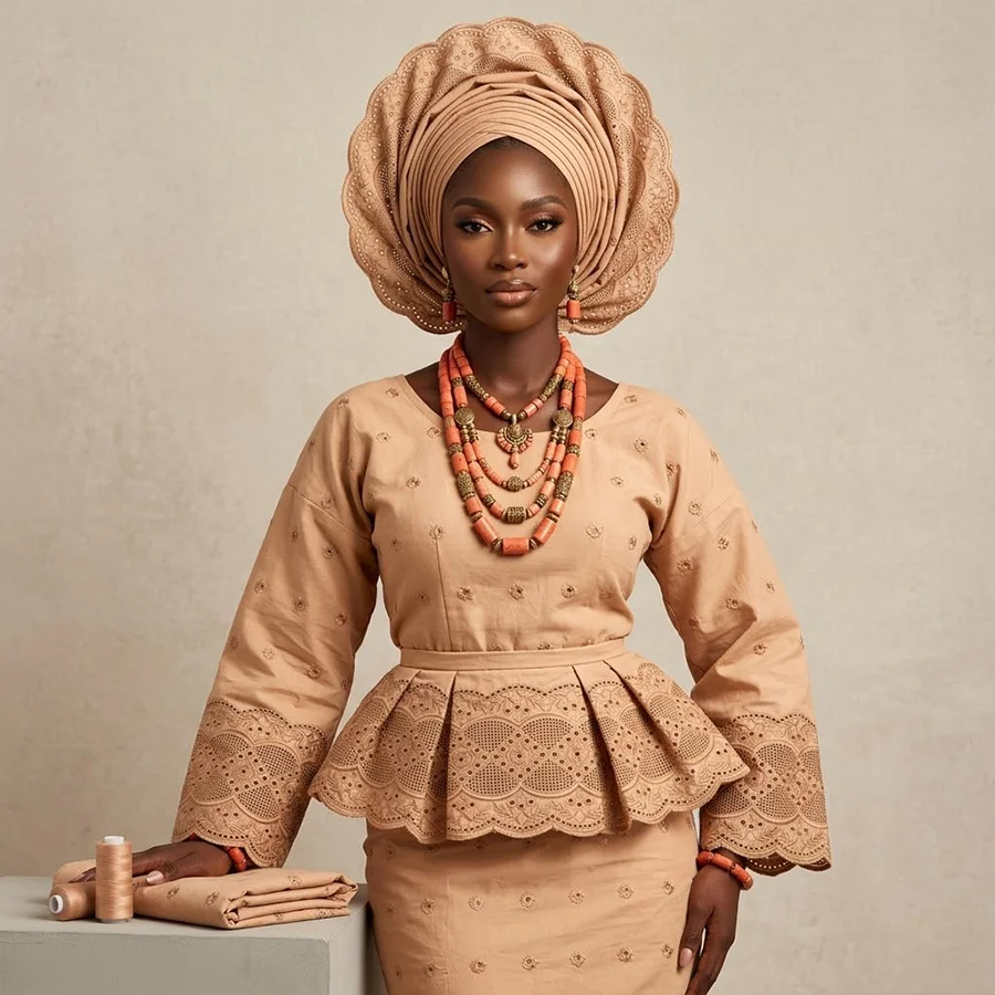 Hochwertiger beiger Schweizer Voile aus 100% Baumwolle, bestickter Spitzenstoff im afrikanischen Stil für Herren- und Damenkleidung für Partys und Zeremonien.