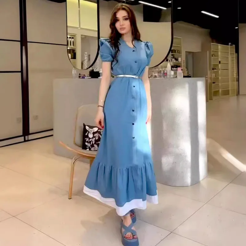 

Summer Gentle First Love Style Slim Waist Button Slimming Lace Long Dress