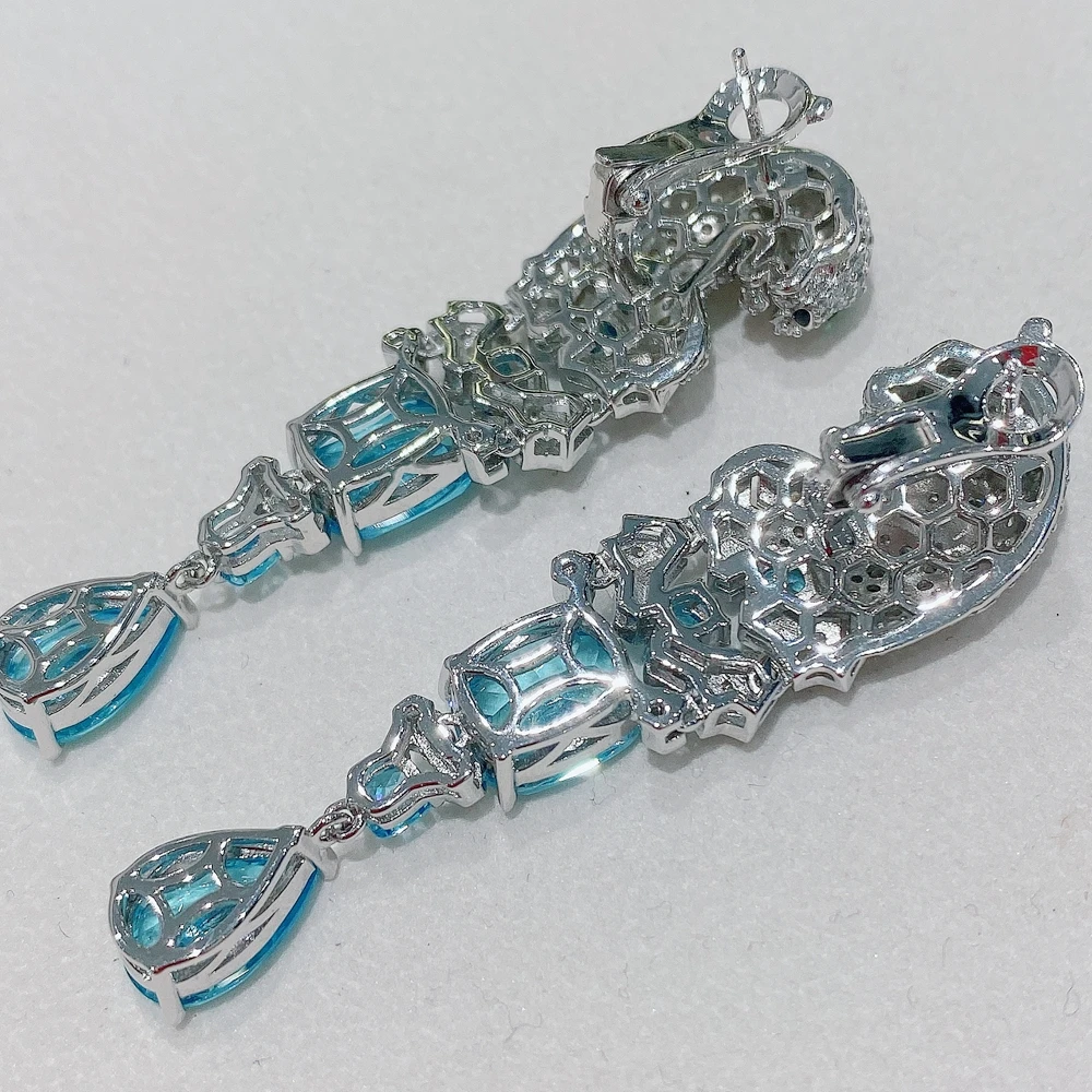 Top Quality Luxury Lab Blue Aquamarine Silver Ear Clips for Women Black Print Panther Silver Earrings Argent 925 Leopard Jewelry