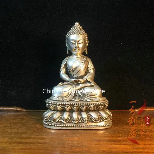 Tibetische alte silberne Buddha-Statue, Ornament, tibetische Silber-Shakyamuni-Buddha-Statue, silberne Buddha-Statue, buddhistische Halle-Dewertung, Pla