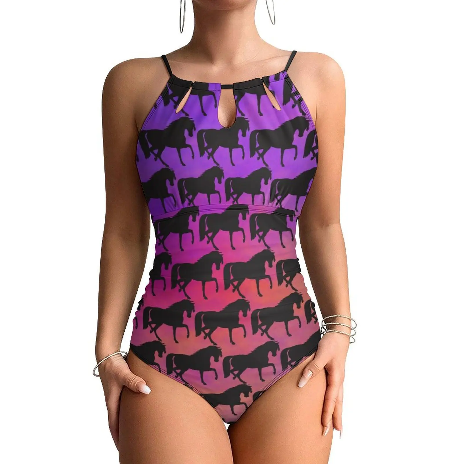 Prancing Horse Swimsuit Sunset Rainbow Swimwear One Piece Holiday Surf Bodysuit Sleeveless Bathing Suit Woman Push Up Beachwear