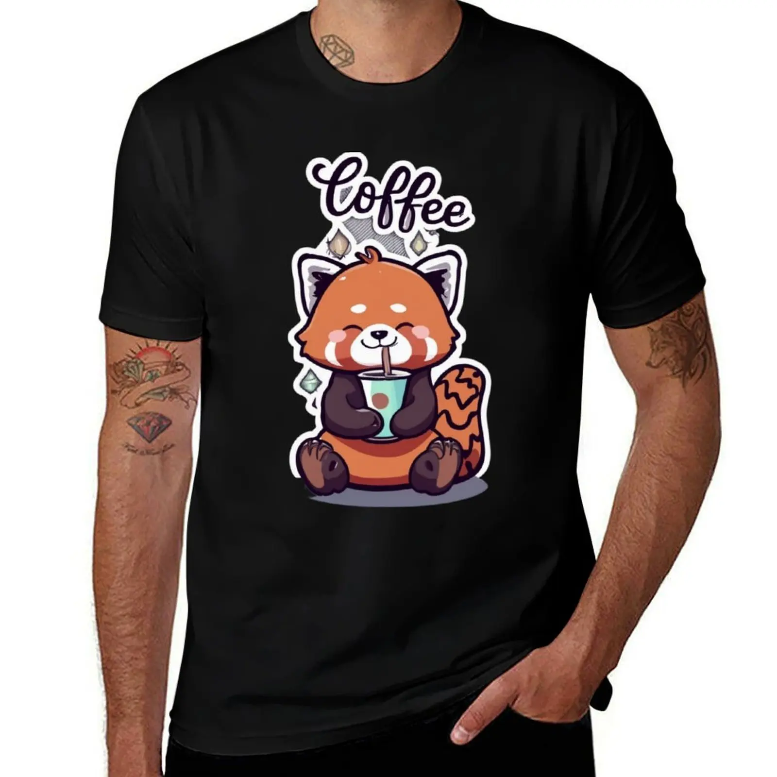 

Baby red panda drink coffee T-Shirt t shirts for man graphic funny t shirts for man cotton soft anime tshirt T-shirt