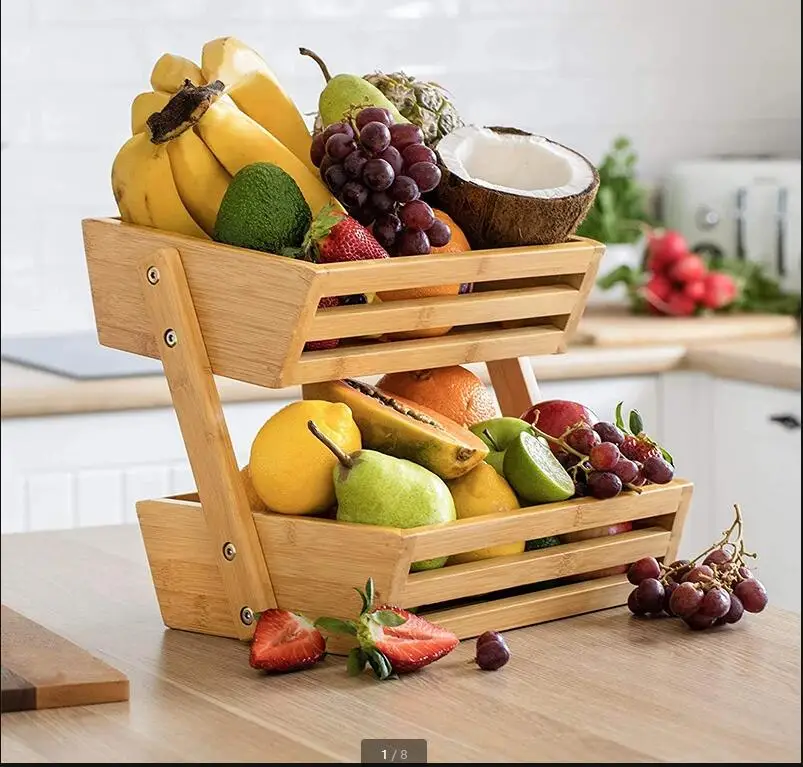 Wooden Double-layer Storage Rack Kitchen Vegetable and Fruit Basket Condiment Japanese Home