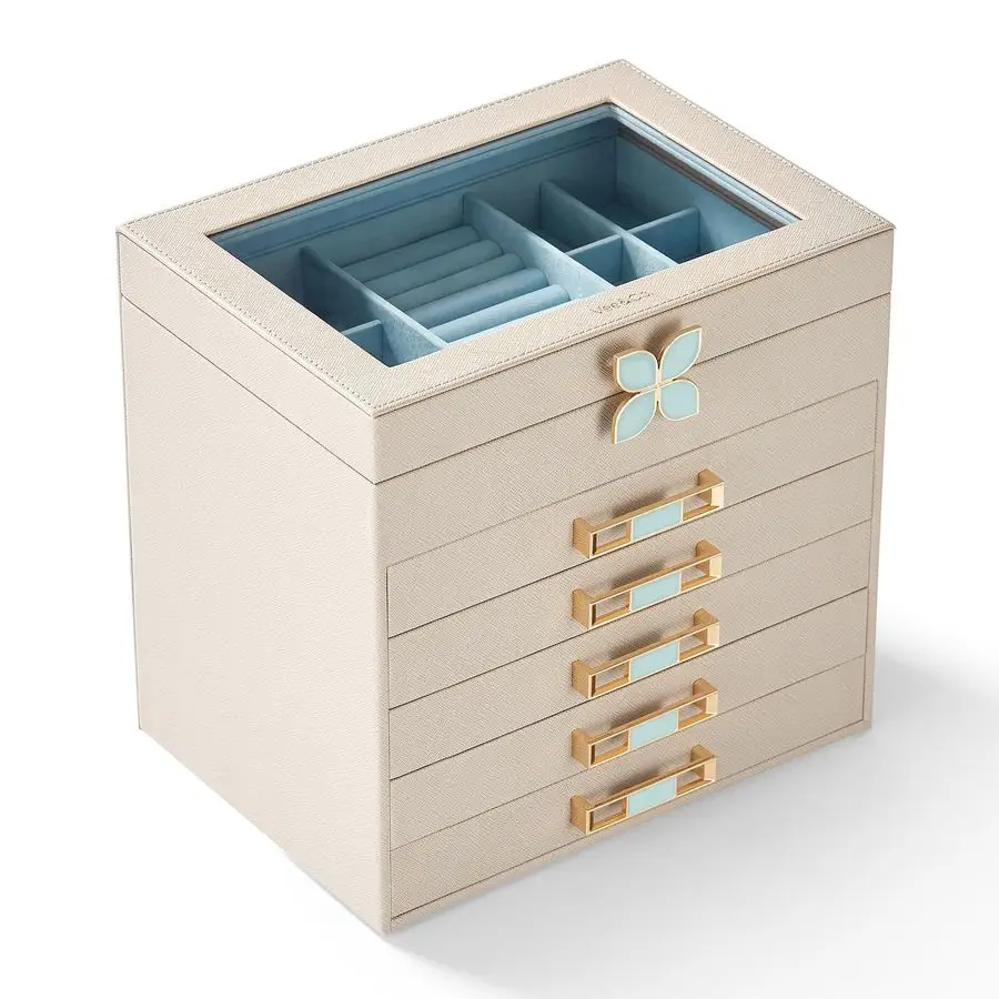 

Шкатулка для драгоценностей, 6-слойный органайзер для ювелирных изделий, футляр для драгоценностей со стеклянной крышкой, для ожерелья, серег, часов, браслетов, 6 уровней серого цвета