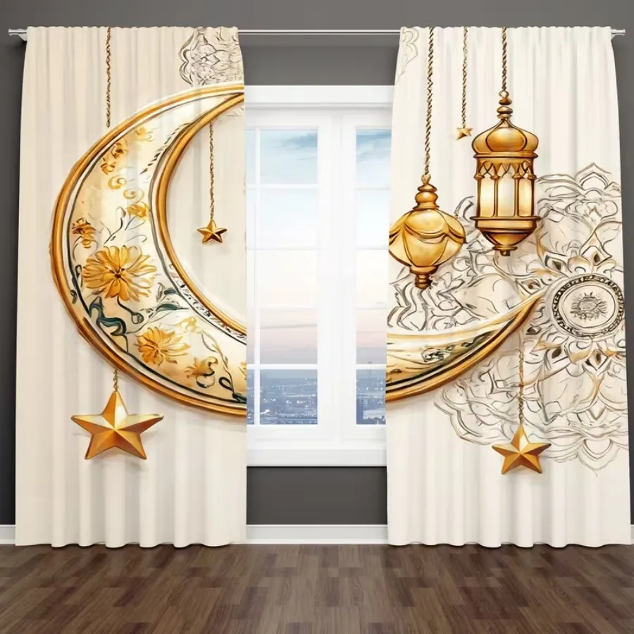 2 PCS Flower Moon Lantern Curtains, Festival Style Window Drapes for Living Room Bedroom Home Decor Polyester Rod Pocket Design