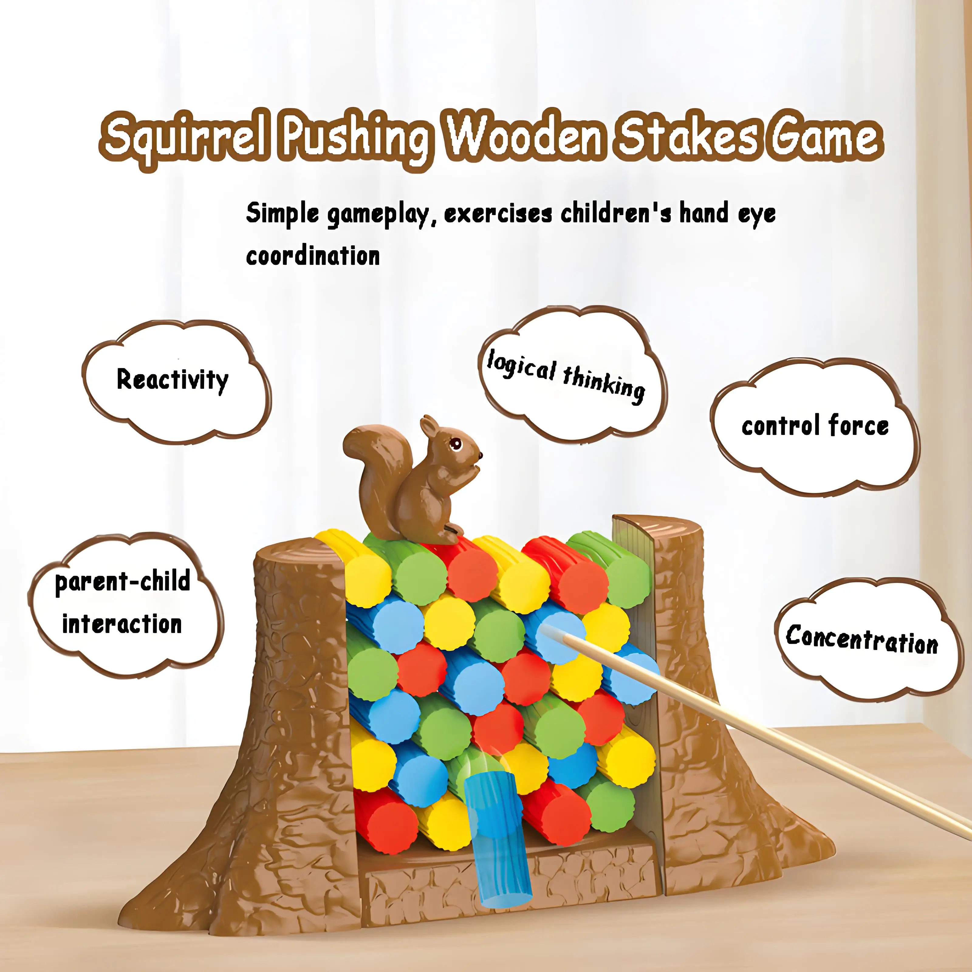 Permainan Tantangan Keseimbangan Kayu, Mainan Susun Bertema Tupai Lucu untuk Malam Permainan Keluarga & Pengembangan Keterampilan Anak