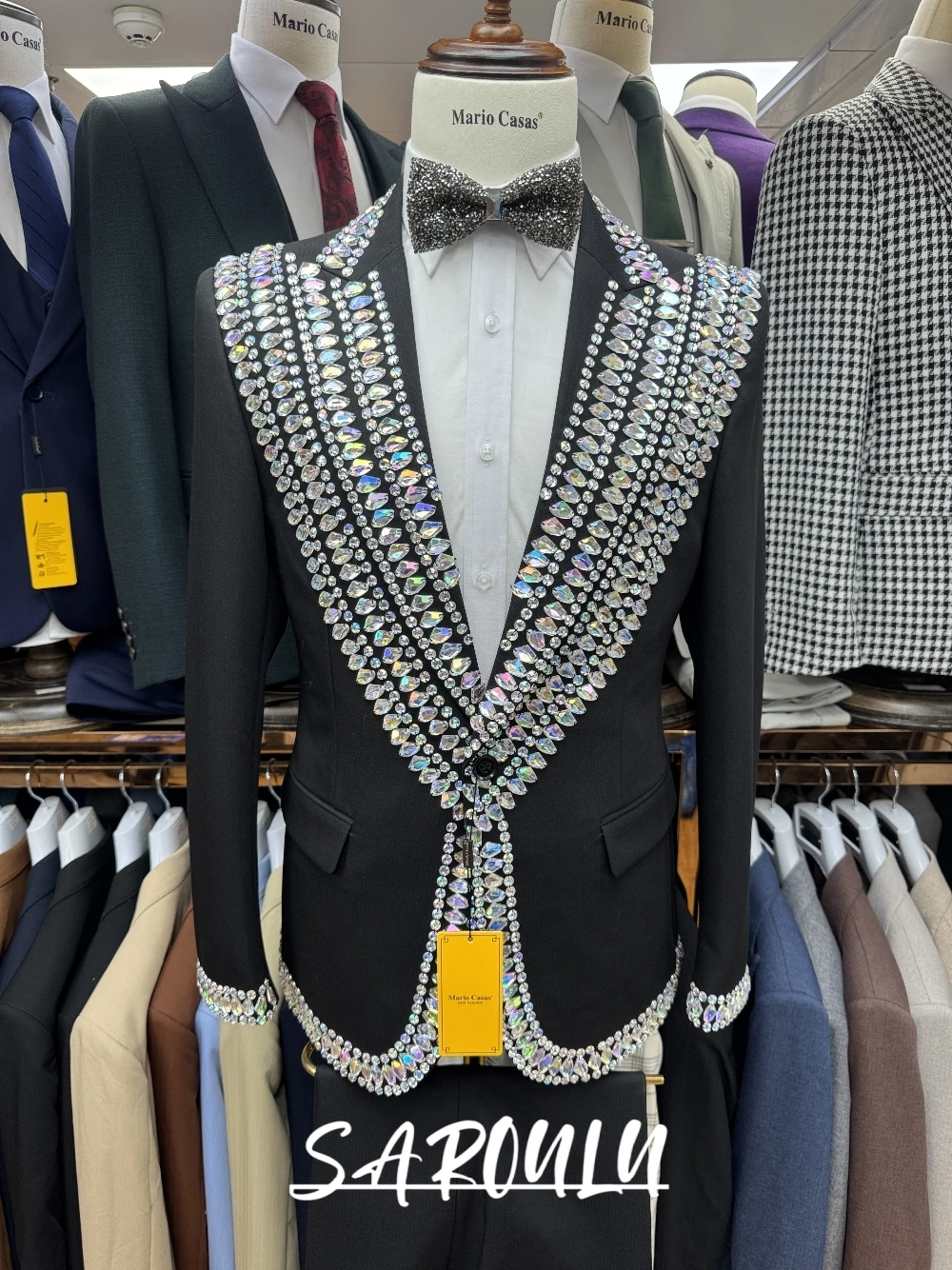 

Гламурный мужской черный костюм-смокинг, украшенный сверкающими стразами, идеально подходит для свадьбы, вечеринки, выпускного вечера, шикарного комплекта из двух предметов