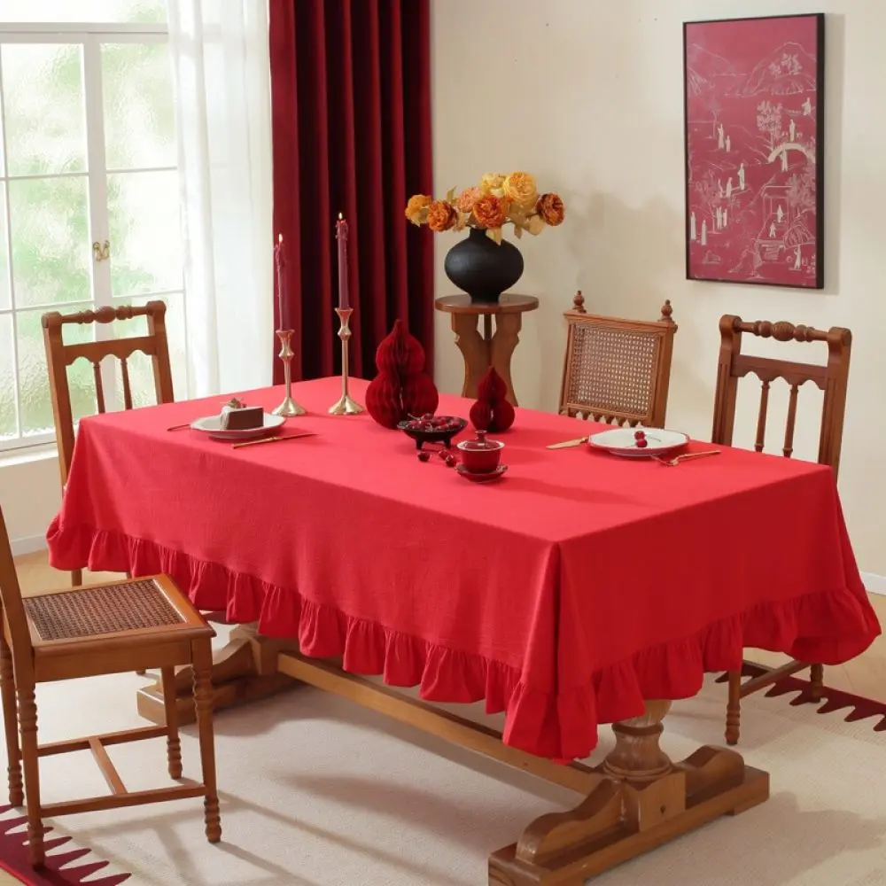 Rustic Cotton Linen Table Cloth Soft Ruffled Trim Minimalist Table Cover Decorative Protection For Dining Room Desk