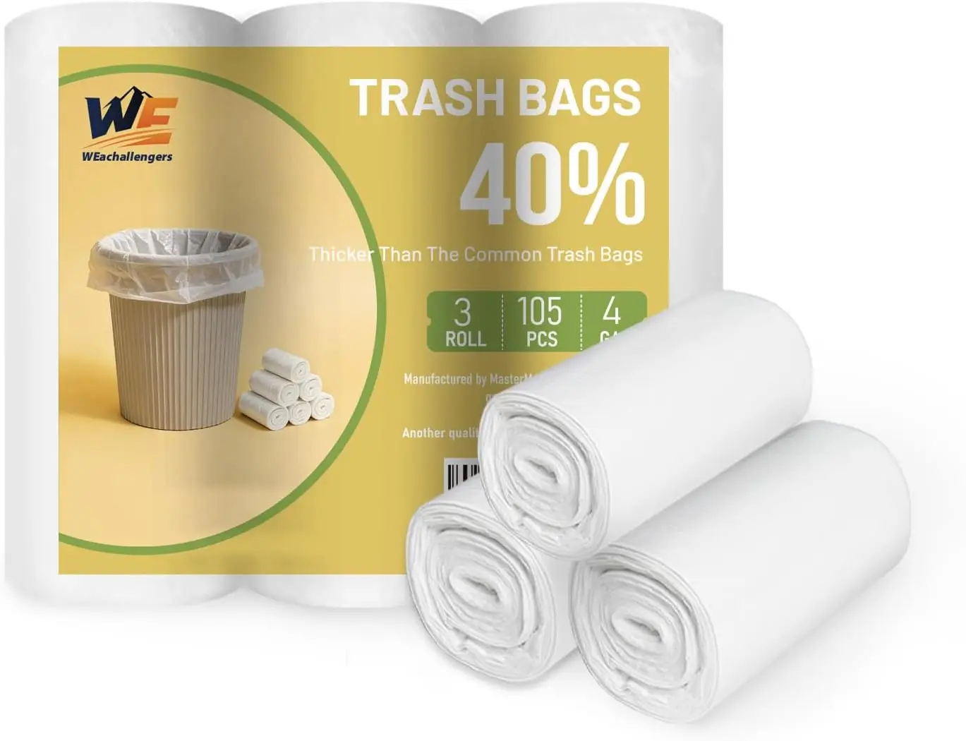 105 Count 4 Gallon Trash Bag Strong,Leakage-Free,Small Garbage Bags Unscented Thick, Bedroom, Dorm Room Essentials, Office，White 3 Rolls