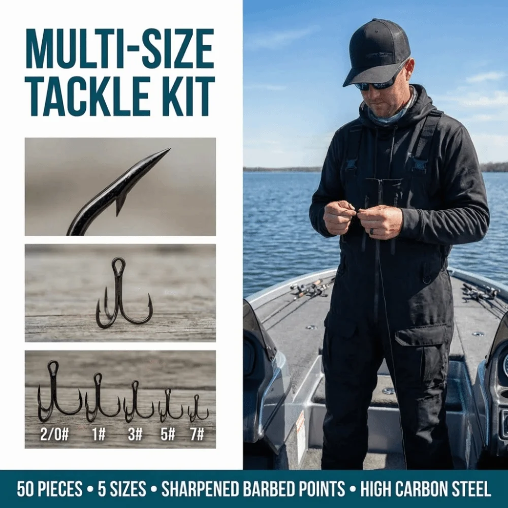 50PCS High Carbon Steel Fishing Treble Hook with Barbed High Strength Treble Hook Sharpened 5 Models Round Bend Hook Saltwater