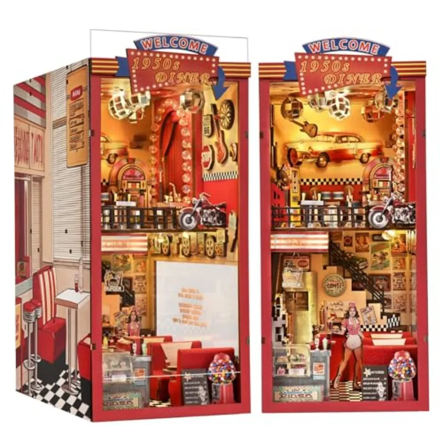 

Retro1950s Diner Miniature House Kit for Adults DIY Wooden Building Kit with LED Light Bookshelf Decor Gift Brown and Red Inte