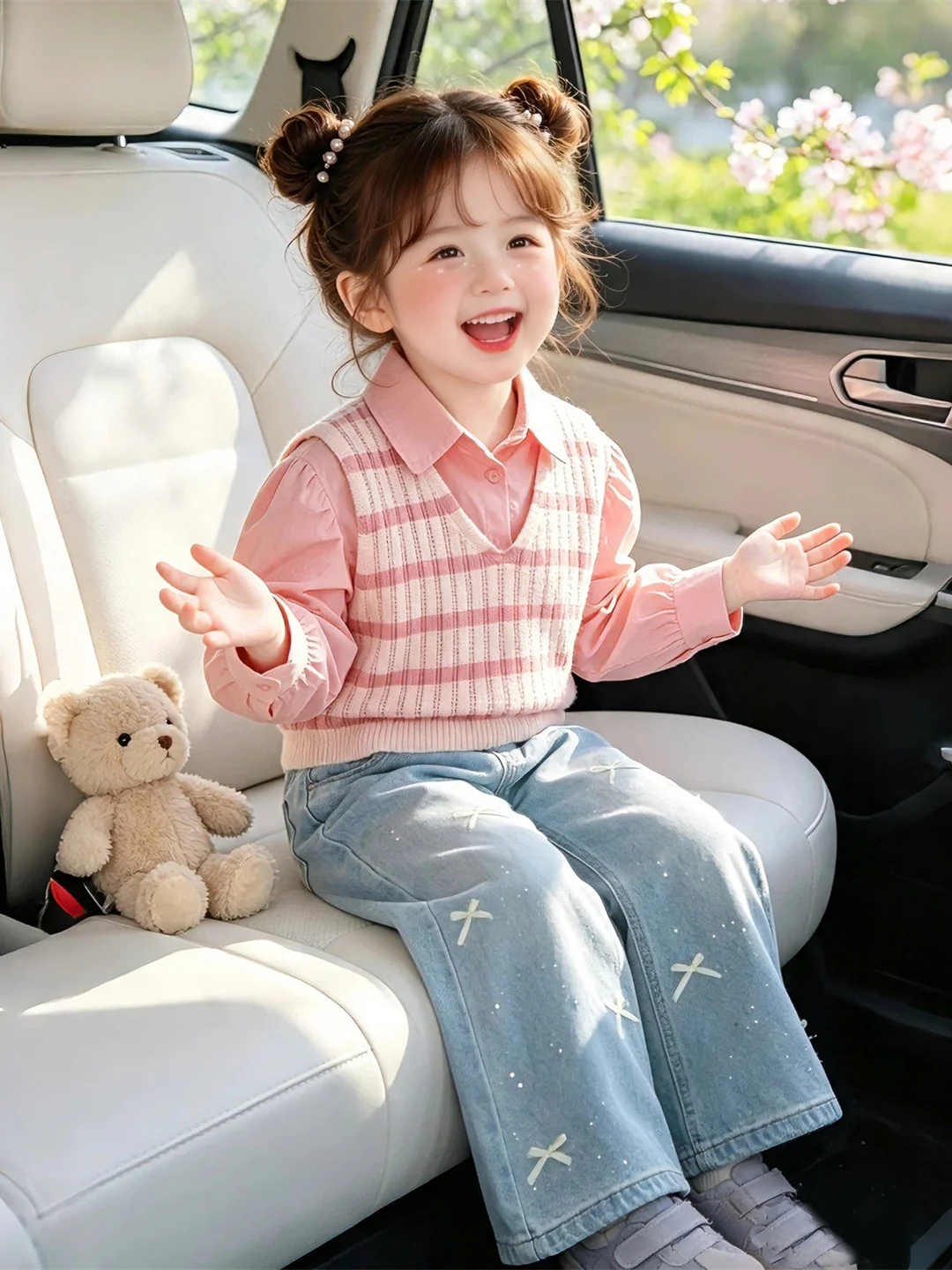 Girls Long Sleeve Shirt Striped Vest Rhinestone Jeans Three Piece Set Fashionable Autumn Wear for Kids under 17 Years Old