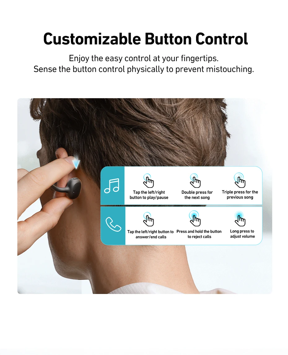Baseus Bowie MC1 Ohrclip, kabellose Kopfhörer, Bluetooth 5.4, offene Ohrhörer, aufsteckbare Sport-Ohrhörer, IP57, wasserdicht, AI-Bass – Detail 7