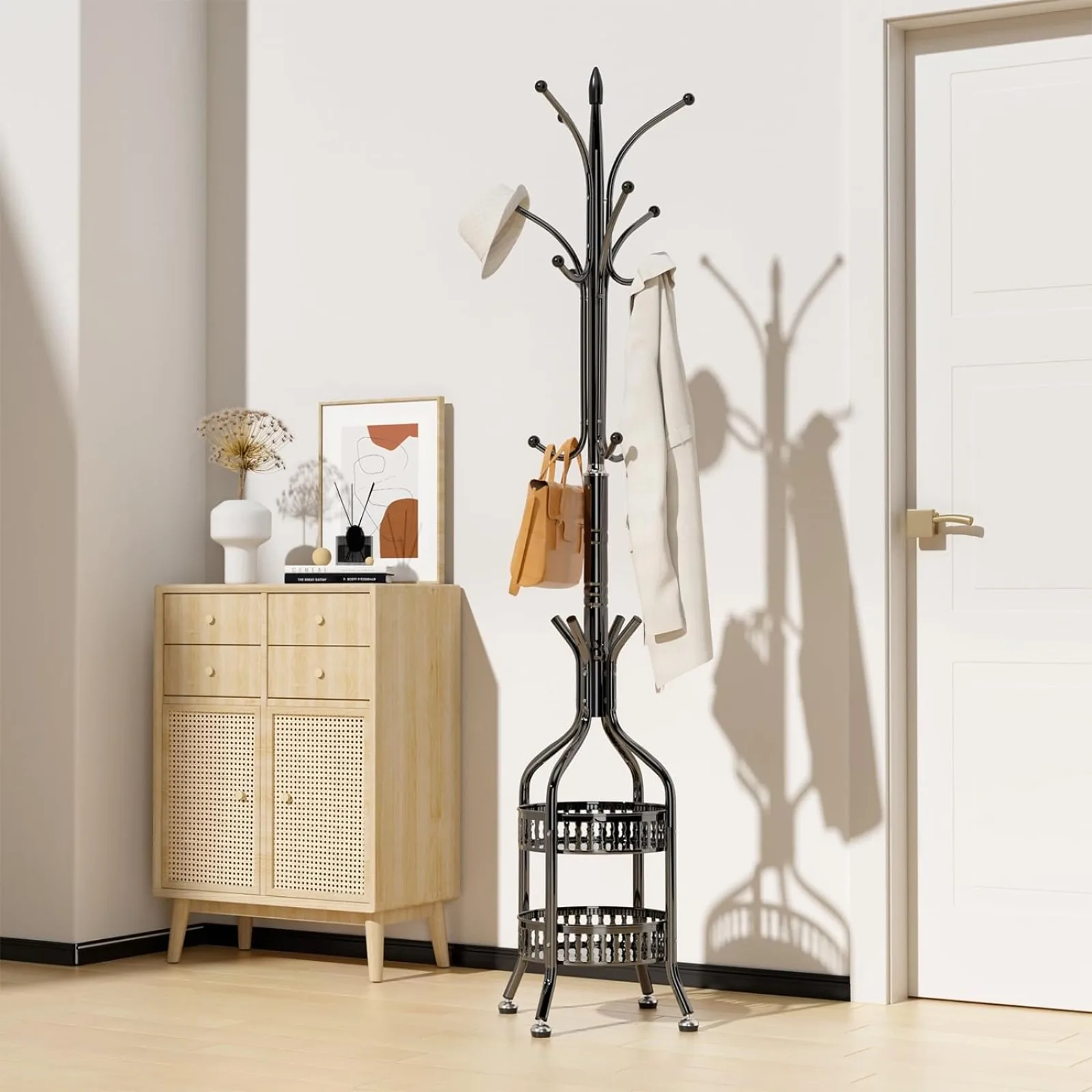 

US Modern Metal Coat Rack Stand with Double Layer Basket, Freestanding Hat Hall Tree, 12 Hooks