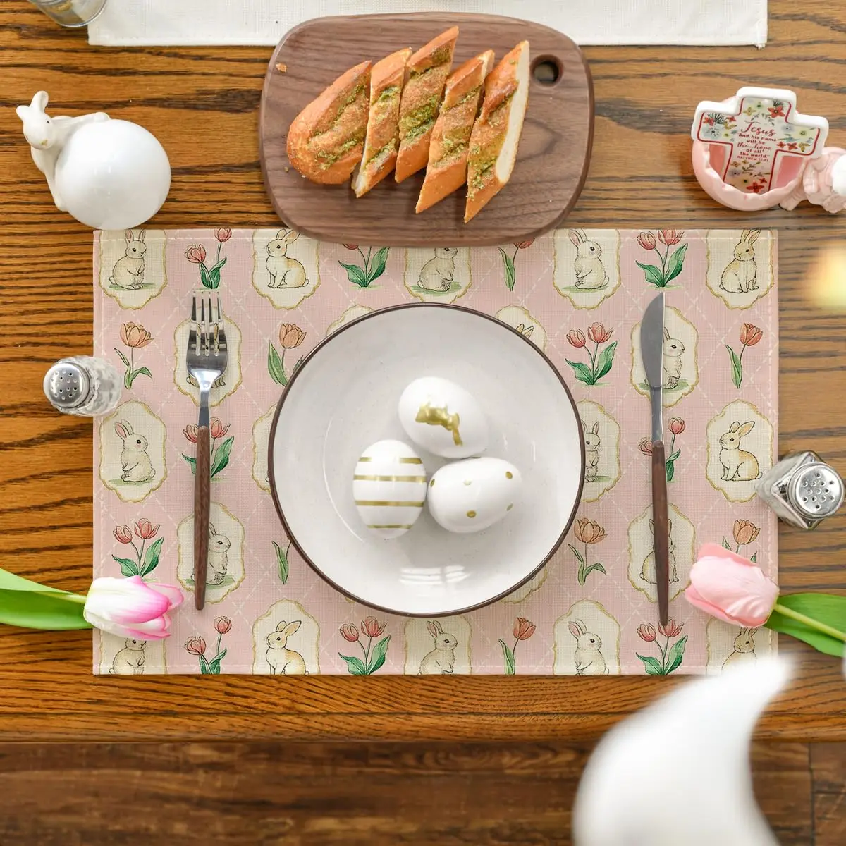 Polka Dot Pink Gingham Bunny Tulip Easter Placemat Set (2/4/6 Pcs) | Spring Table Mats for Outdoor, Home Party, Kitchen
