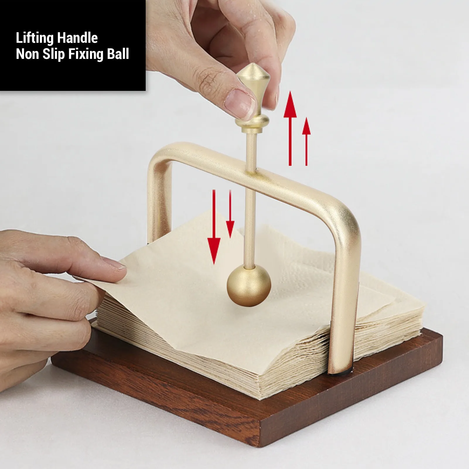 Table Napkin Holder with Lifting Ball Solid Wood Base Metal Rack Napkin Dispenser for Home Restaurant Coffee Shop