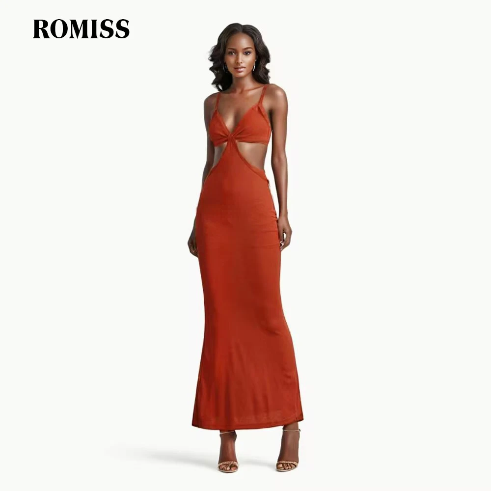 ROMISS Hollow Out Solid Backless Dresses For Women V Neck Sleeveless High Waist Temperament Slimming Dress Female Fashion New