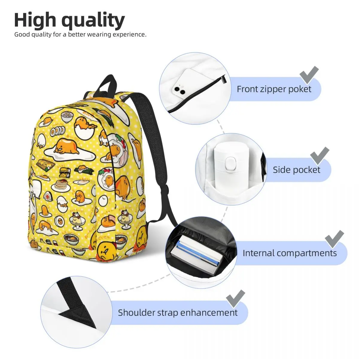 Yoga Gudetama Niedlicher Eier-Cartoon für Teenager, Schüler, Schule, Büchertaschen, Tagesrucksack, Mittelschule, Wandern
