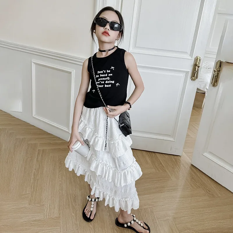 5-14t Girls' Summer Dress Set 2024 Summer Children's Fashionable Spicy Girl Tank Top Girls' Casual Sweet Half Skirt Cake Skirt