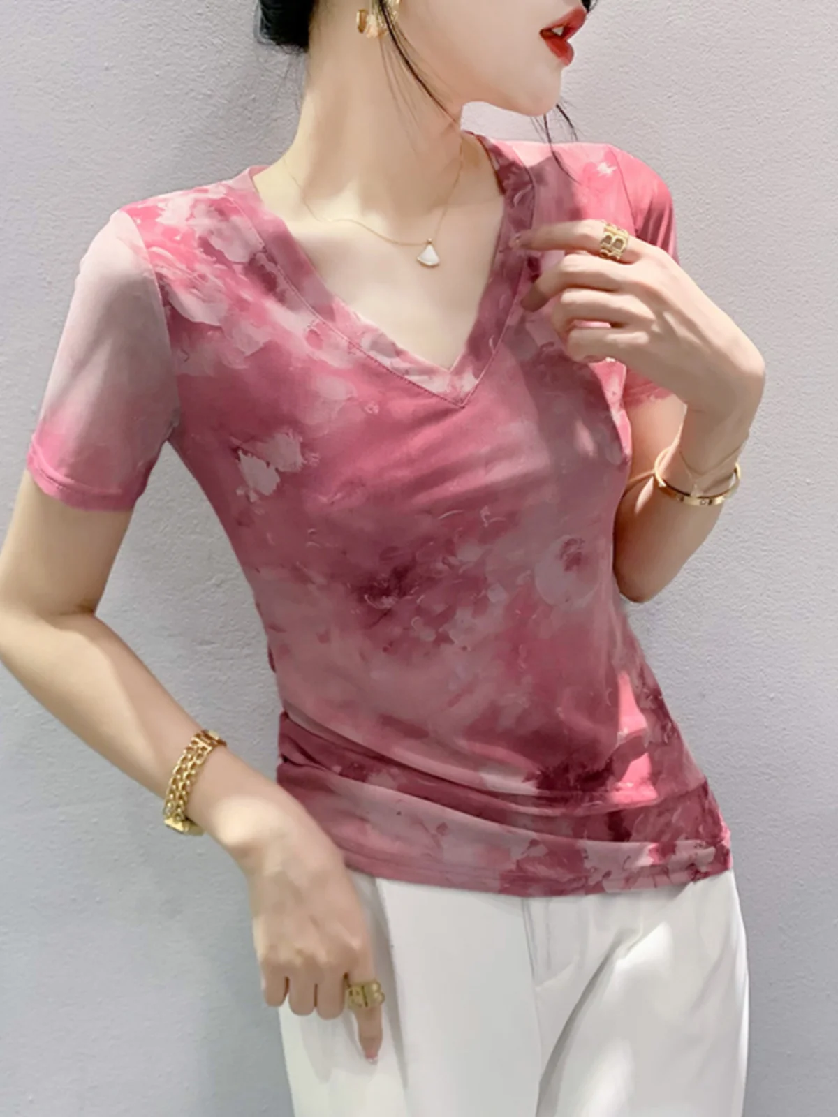 Faionable Anti-Aging V-Ne Me ort Sve T-shirt Dames Zomer Afslanken ves Bovenkleding Europese Veelzijdige Kleine S...