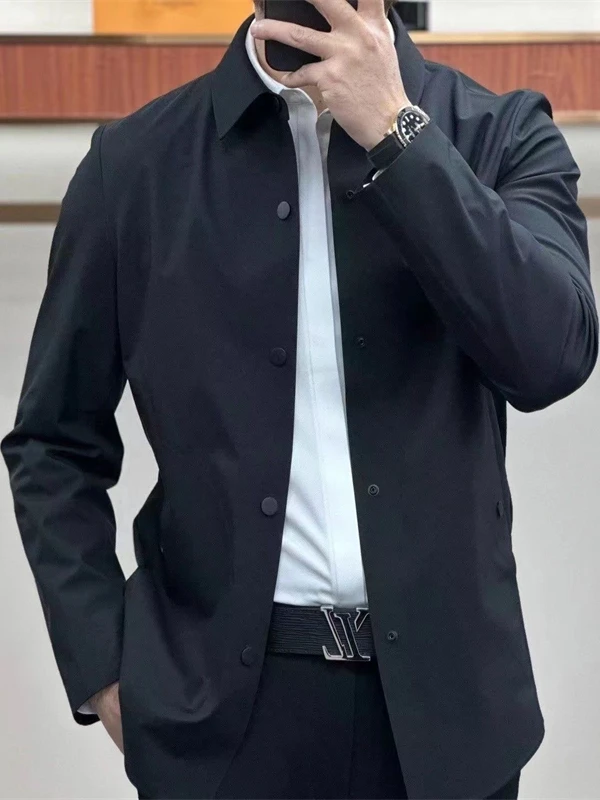 

Мужская демисезонная приталенная куртка-жакет из полиэстера с отложным воротником, однотонная, тонкая, повседневная, универсальная, для бизнеса