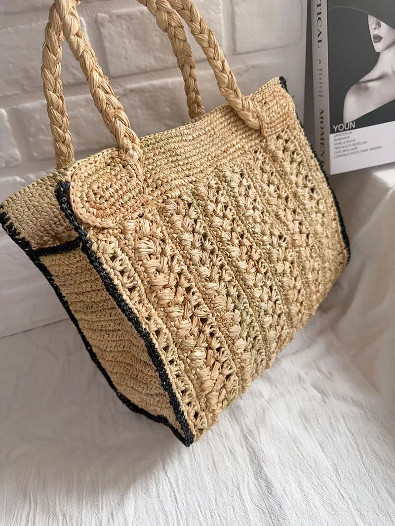 Pure Handmade Leisure Commuter Versatile Large Capacity Handheld Women's Bag Trend French Vintage Lafite Woven Hollow Beach Bag