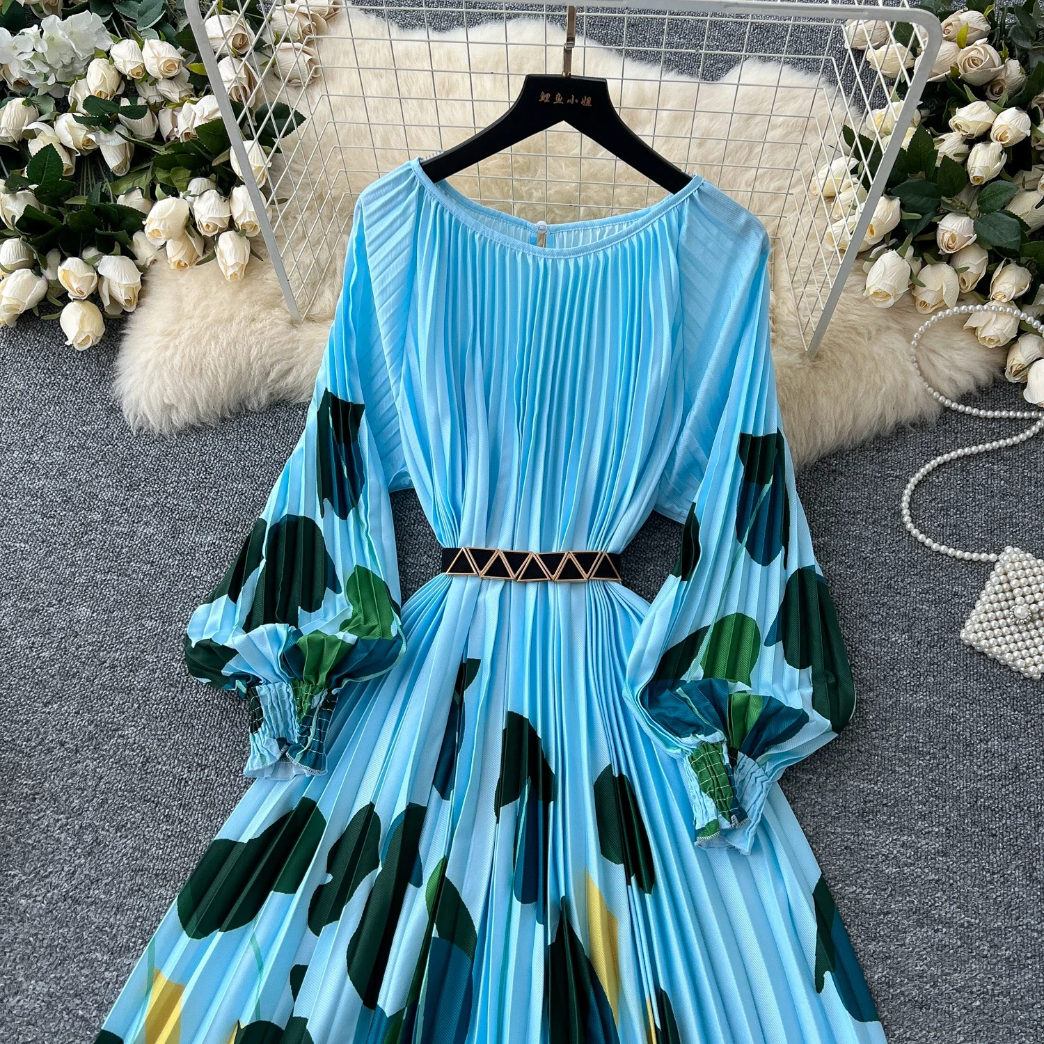 Vintage Elegant Pleated Print O Neck Lantern Sleeve Dress  A-line Fashion Chiffon Spring Autumn Vestidos Women Dresses