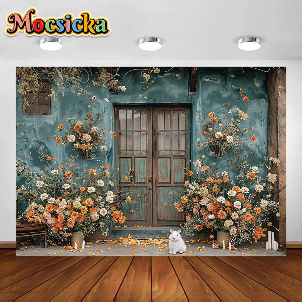 Spring Flower Photography Background Wooden Door Newborn Baby Shower Birthday Wedding Portrait Backdrop Photo Studio Props